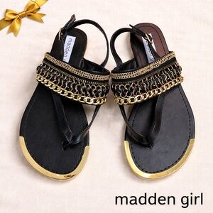 Madden Girl Vivian Slingback Sandals Metallic Gold Chains Black Size 7